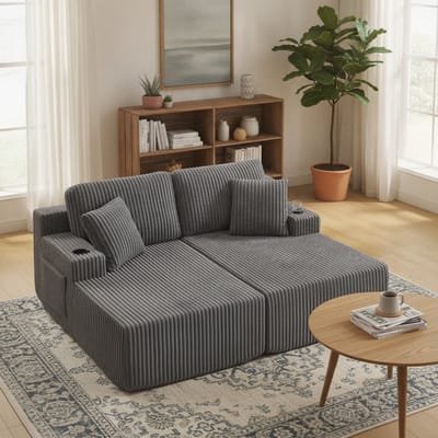 Slaapbank 2 persoons - 2-Zits Relaxbank - Slaapbank - Lounge Sofa - Zachte Corduroy Bekleding - Bekerhouder - Zijvak voor Tijdschriften - Inclusief Kussens - Multifunctioneel - Grijs