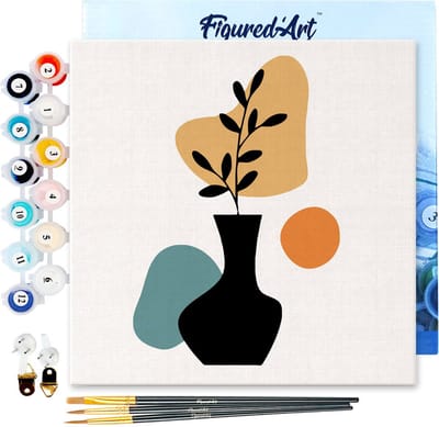 Figured'Art Mini Schilderen op Nummer Volwassenen 20x20cm met lijst Plant en zwarte vaas - Klein Formaat Creatieve Hobby Kit DIY Art Nummer Compleet