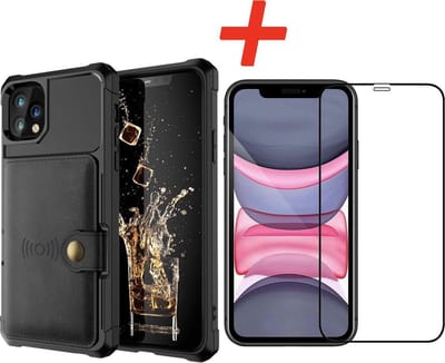 Backcover geschikt voor Apple iPhone 11 Pro - Zwart - 3 in 1 pasjeshouder - met Glazen Screenprotector