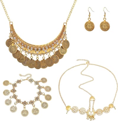 Bellydance kostuumset met boho stijl, inclusief sieraden, halskettingen, armbanden en oorbellen voor themafeesten en carnaval