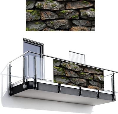 Balkonscherm 200x90 cm - Balkonposter Stenen - Mos - Grijs - Groen - Balkon scherm decoratie - Balkonschermen - Balkondoek zonnescherm