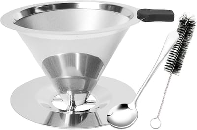 Dailygoods- Koffiefilter Roestvrij Staal - Herbruikbaar - Dubbel Gaas - Koffiedruppelaar - Inclusief Lepel/Borstel - Fijnmazige Filterstructuur