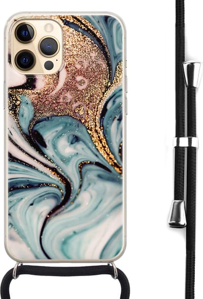 Hoesje met koord - Geschikt voor iPhone 12 - Marmer blauw swirl - Verstelbaar zwart koord - Transparant, Blauw - Marmer - Leuke Telefoonhoesjes