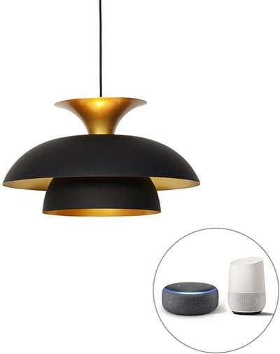 QAZQA titus - Moderne LED Smart Hanglamp met kap incl. wifi - 1 lichts - Ø 50 cm - Zwart Goud - Woonkamer | Slaapkamer | Keuken