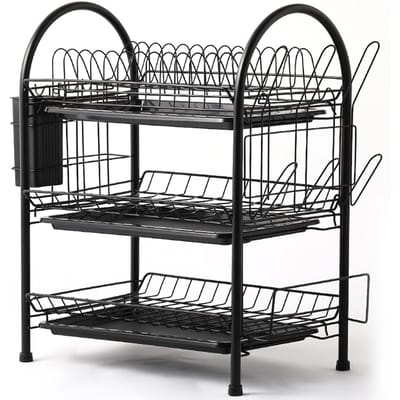 Afdruiprek 3-laags afdruiprek van staal met verwijderbaar afvoerbord, opbergrek voor afdruiprek Black 3 Tier with Cup Rack gray