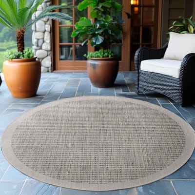 Flycarpets Riza Rond Binnen & Buitenkleed Grijs - Laagpolig Tuintapijt - Kader Motief - 120 cm