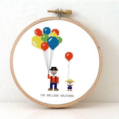 Ballonnenverkoper borduurpakket | Borduurpakket voor kinderkamer | Borduurpakket inclusief borduurring, DMC borduurgaren, Aida borduurstof, borduurnaald en instructies