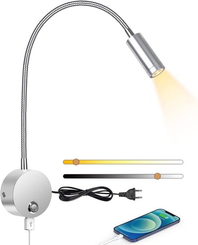 Dimbare LED Wandlamp met USB Oplaadpoort en 360° Draaibare Zwanenhals voor Slaapkamer