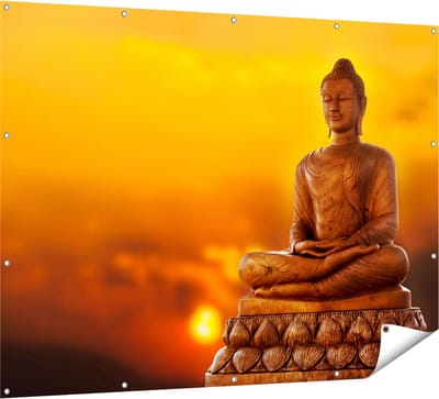 Gards Tuinposter Boeddha Standbeeld bij Zonsondergang - 160x120 cm - Tuindoek - Tuindecoratie - Wanddecoratie buiten - Tuinschilderij