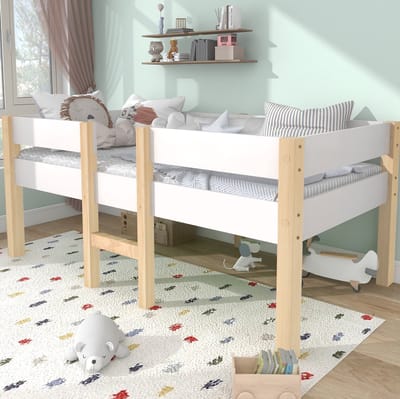 Kinderbed met valbeveiliging, massief grenen - 90x190 cm - wit en eikenkleur