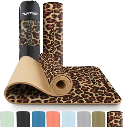 Tunturi Yoga Mat 8mm - Pilates mat - Extra dikke fitness mat - 183x61x0,8 cm - Incl Draagtas - Ecologisch materiaal - Eenvoudig te reinigen - Panterprint -Luipaardprint