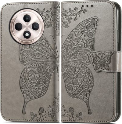 Coverup Hoesje - Geschikt voor OPPO Reno12 F 5G Hoesje - Coverup Vlinder Book Case - Taupe Grijs