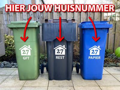 Container sticker - 3 DELIGE VOORDEELSET - huisnummer - GFT - REST - PAPIER - 20 x 22 cm - wit - kliko sticker - afvalcontainer - kliko sticker voordeelset - klikostickers - huisnummer sticker - weerbestendige stickers