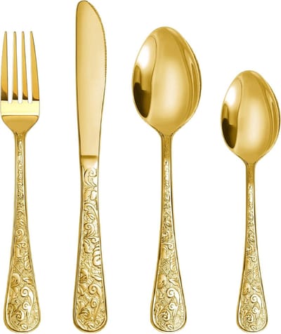 Gouden Vintage Bestekset voor 6 Personen, RVS Tafelgerei met Mes, Vork en Lepel, Perfect voor Thuis en Feestjes, Glanzend Afgewerkt Bestek