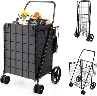 COSTWAY Boodschappentrolley, inklapbaar, winkelwagen op wielen met afneembare Oxford-tas en 2 manden, handwagen, 40 kg belastbaar, rolwagen, multifunctionele wagen voor was, winkelen, bagage (zwart)