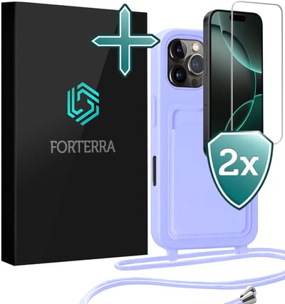 Hoesje Geschikt voor iPhone 16 Pro Pashouder Case Siliconen Hoes Met Koord Met 2x Screenprotector - Hoes Geschikt voor iPhone 16 Pro Met Telefoonkoord Hoesje Back Cover Met Pasjeshouder - Lila