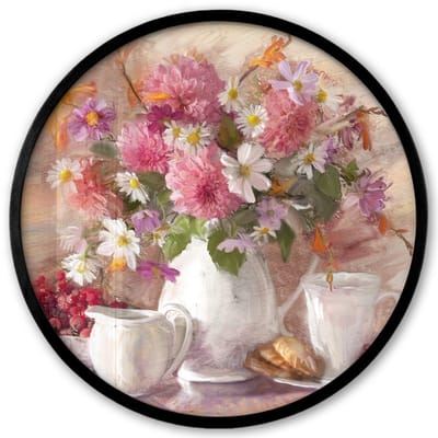 Poster in lijst Rond - Fotolijst 40x40 cm - Posters - Schilderij - Bloemen - Vaas - Olieverf - Ronde posterlijst zwart - Decoratie - Wanddecoratie woonkamer - Muurdecoratie slaapkamer