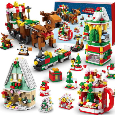 Adventskalender 2025 - Bouwblokkenset - Aftelspelset - Inclusief 24 verzamelbare verrassingen - 1099 kerstspeelgoedblokken - Inclusief kerstboom, huis, Kerstman, enz. - Geschikt voor kinderen van 3 tot 12 jaar