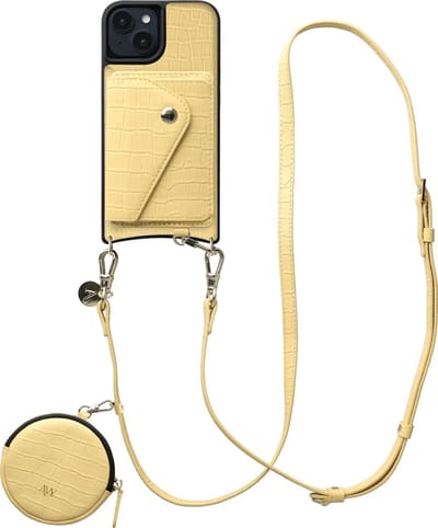 AVY Leren Hoesje geschikt voor Apple iPhone 15 | Met Koord, Wallet en Pouch | Compatibel met MagSafe | Leather Case met 130CM Koord | Long Leather | Croco Geel