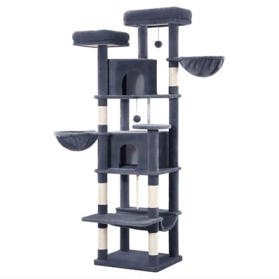 Kattenboom – Voor Grote Katten – 175 cm Stevige Kattenboom met Krabpalen, 2 Kattenhuizen, 2 Ligplateaus en 2 Mandjes – Donkergrijs