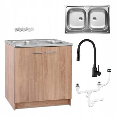 STAMAR - Keukenkast 80cm met dubbele spoelbak + kraan - Keuken meubel - Eik Sonoma