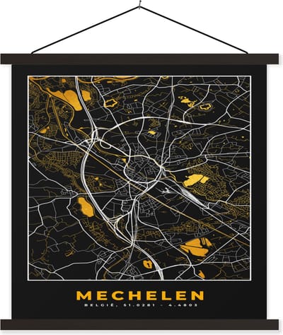 Posterhanger incl. Poster 60x60 cm - Schoolplaat - Stadskaart - Mechelen - Goud - Plattegrond - Kaart - Textielposter - Zwarte latten - Stadskaart