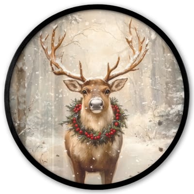 Poster in lijst Rond - Fotolijst 40x40 cm - Posters - Kerst - Rendier - Winter - Krans - Ronde posterlijst zwart - Decoratie - Wanddecoratie woonkamer - Muurdecoratie slaapkamer - Kerstversiering - Kerstdecoratie voor binnen - Kerstmis
