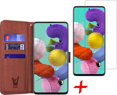 Hoesje geschikt voor Samsung Galaxy A51 - Screen Protector GlassGuard - Book Case Kunstleer Pasjeshouder Bruin & Screenprotector