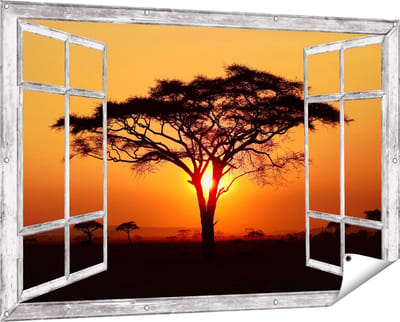 Gards Tuinposter Doorkijk Zonsondergang Achter een Savanne Boom - 150x100 cm - Tuindoek - Tuindecoratie - Wanddecoratie buiten - Tuinschilderij
