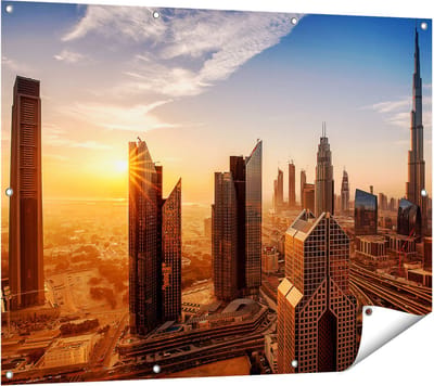Gards Tuinposter Dubai Stad bij Zonsopgang - 120x90 cm - Tuindoek - Tuindecoratie - Wanddecoratie buiten - Tuinschilderij