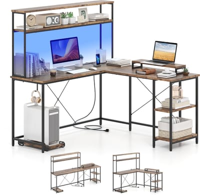 COSTWAY L-vormig gamingbureau, hoekbureau elektrisch met ledstrips en stopcontacten, omkeerbare printtafel met monitorstandaard, opbergplanken, hoofdtelefoonhaak (rustiek bruin)