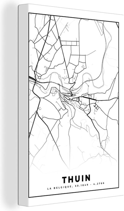 Canvas Schilderij Plattegrond – Thuin – Zwart Wit – Stadskaart - Kaart - België - 20x30 cm - Wanddecoratie