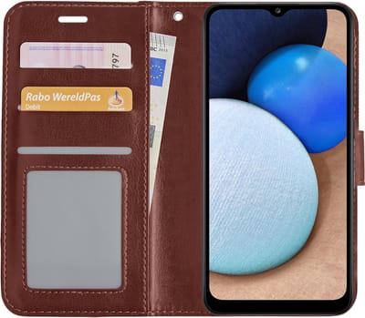 Hoesje - Met Pasjeshouder - Geschikt voor Samsung Galaxy A02s - Luxe Bookcase Portemonee - Flip Case - Kunstleer Book Case - Flipcase - Book Cover - Walletcase - Portemonneehoes - Bruin