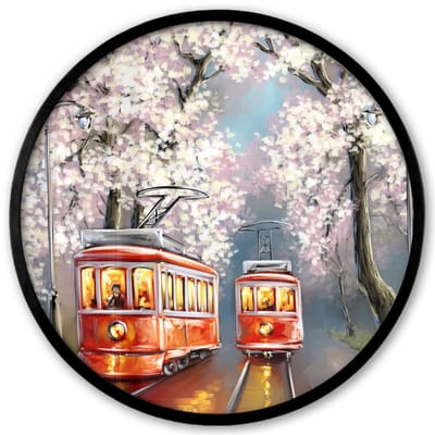 Poster in lijst Rond - Fotolijst 40x40 cm - Posters - Schilderij - Olieverf - Tram - Bloesemboom - Ronde posterlijst zwart - Decoratie - Wanddecoratie woonkamer - Muurdecoratie slaapkamer