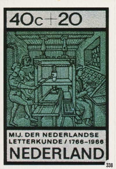 Briefkaart met afbeelding 16e eeuwse drukkerij postzegel