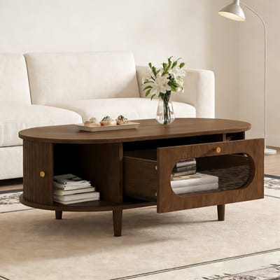 Salontafel - 100 x 50 x 36 cm - Met Lades Rollo Deur - Opbergruimte - Houtlook - Walnoot