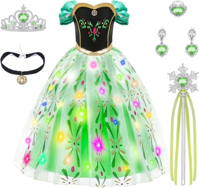Prinsessen Kostuum voor Meisjes, Gloeiende Jurk met Kroon, Toverstaf en Sieraden voor Carnaval, Verkleedfeest en Feestdagen (140cm)
