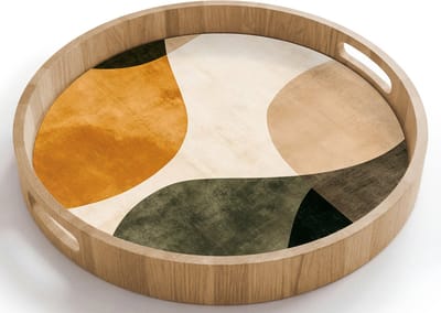 Dienblad rond 40x40 cm - Schootdienblad hout - Vormen - Okergeel - Abstract - Borrelplank rechthoek - Plateau houten dienbladen