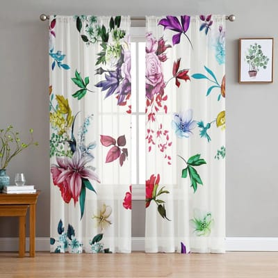 Bloemenbladeren Aquarel Tule Gordijnen voor Slaapkamer Hal Woonkamer Decor Chiffon Gordijn voor Balkon Keuken Huis Gordijnen 135W x 114H(cm) white