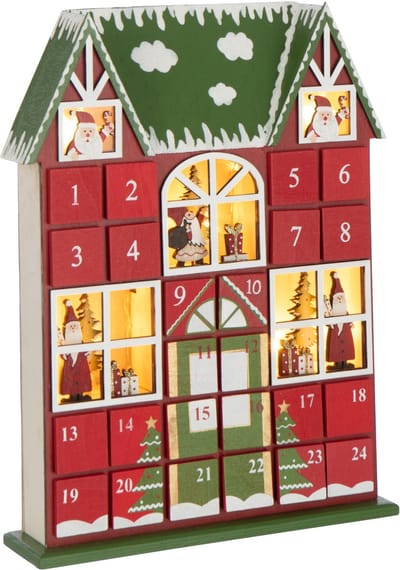 J-Line decoratie Huis Adventskalender - multiplex - kerstrood/donkergroen - LED lichtjes