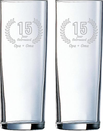 Gegraveerde set Longdrinkglazen 31cl Opa + Oma 15 jaar getrouwd