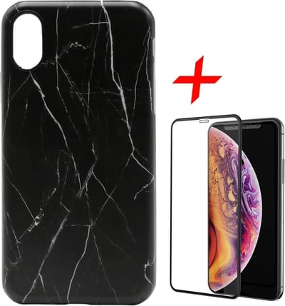 Marmer Hoesje geschikt voor Apple iPhone Xs Max Siliconen TPU Soft Gel Case Zwart + Screenprotector Full-Screen Tempered Glass van iCall