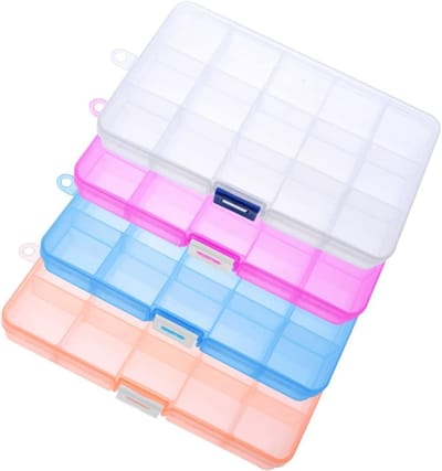 Set van 4 Opbergdozen van Plastic met 15 Compartimenten voor Sieraden, Kleine Onderdelen, Knutselprojecten en Schroeven, 17.2 x 10 x 2.3 cm