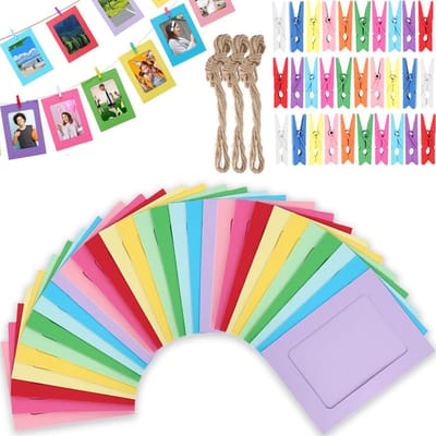 Dailygoods- Fotolijst 30-delige set - Papieren Fotolijsten 11,5 x 15,5 cm - Kleurrijke Klemmen - Henneptouw - Wanddecoratie - Creatieve Presentatie - Fotoslinger