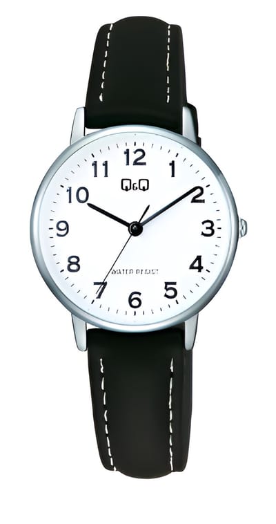 Q&Q C65A-004PY - Horloge - Polshorloge - Analoog - Dames - Vrouwen - Leren band - Rond - Metaal - Cijfers - Zwart - Zilverkleurig