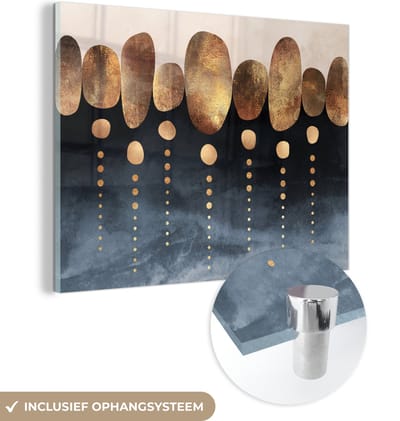 MuchoWow® Glasschilderij 120x90 cm - Schilderij acrylglas - Goud - Abstract - Luxe - Foto op glas - Schilderijen