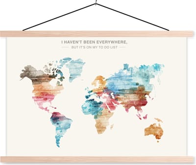 Wereldkaart - Spreuk - Kleur - schoolplaat platte latten blank 150x100 cm - Foto print op textielposter (wanddecoratie woonkamer/slaapkamer)