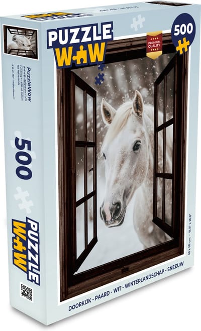 Puzzel Doorkijk - Paard - Wit - Winterlandschap - Sneeuw - Legpuzzel - Puzzel 500 stukjes