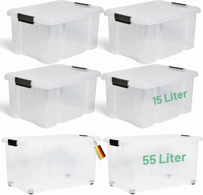 Novaliv 6-delige voordeelset opbergdozen met deksel, transparant, 2x55 L + 4x15 L, nestbaar, stapelbaar, clipsluiting, roldozen, BPA-vrij