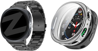 Bandz Bundel – RVS Schakelband ‘Classic’ Zwart (inclusief Inkortset) + Strap-it Soft Case Zilver geschikt voor Samsung Galaxy Watch 8 (44mm)